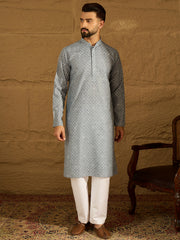 Ethnic Bay Men Blue Viscose Rayon Bandhani Embroidered Straight Kurta with Trouser-MKSET1586