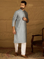 Ethnic Bay Men Blue Viscose Rayon Bandhani Embroidered Straight Kurta with Trouser-MKSET1586
