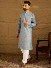 Ethnic Bay Men Blue Viscose Rayon Bandhani Embroidered Straight Kurta with Trouser-MKSET1586