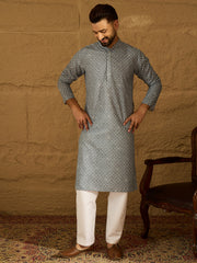 Ethnic Bay Men Blue Viscose Rayon Bandhani Embroidered Straight Kurta with Trouser-MKSET1586