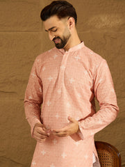 Ethnic Bay Men Peach Viscose Rayon Bandhani Embroidered Straight Kurta with Trouser-MKSET1587