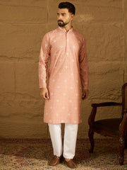 Ethnic Bay Men Peach Viscose Rayon Bandhani Embroidered Straight Kurta with Trouser-MKSET1587