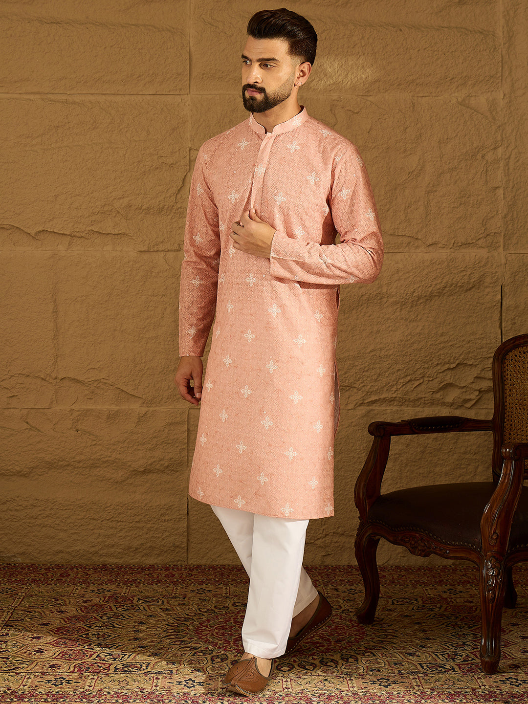 Ethnic Bay Men Peach Viscose Rayon Bandhani Embroidered Straight Kurta with Trouser-MKSET1587