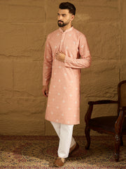 Ethnic Bay Men Peach Viscose Rayon Bandhani Embroidered Straight Kurta with Trouser-MKSET1587