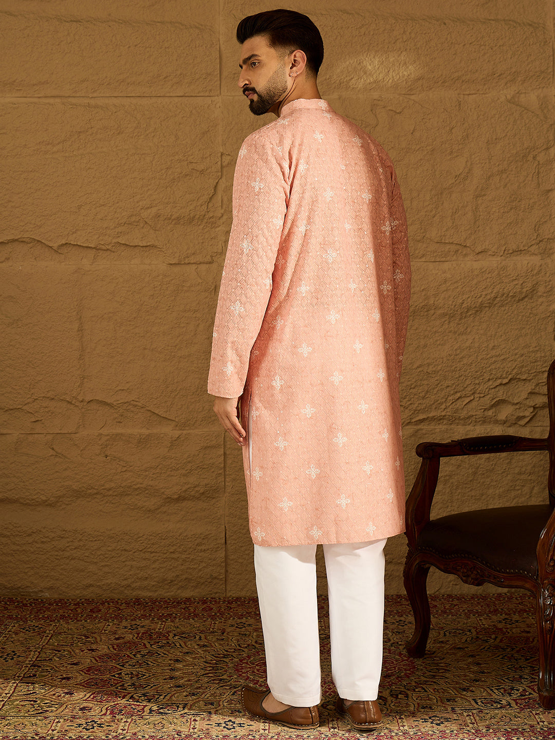 Ethnic Bay Men Peach Viscose Rayon Bandhani Embroidered Straight Kurta with Trouser-MKSET1587