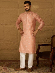 Ethnic Bay Men Peach Viscose Rayon Bandhani Embroidered Straight Kurta with Trouser-MKSET1587