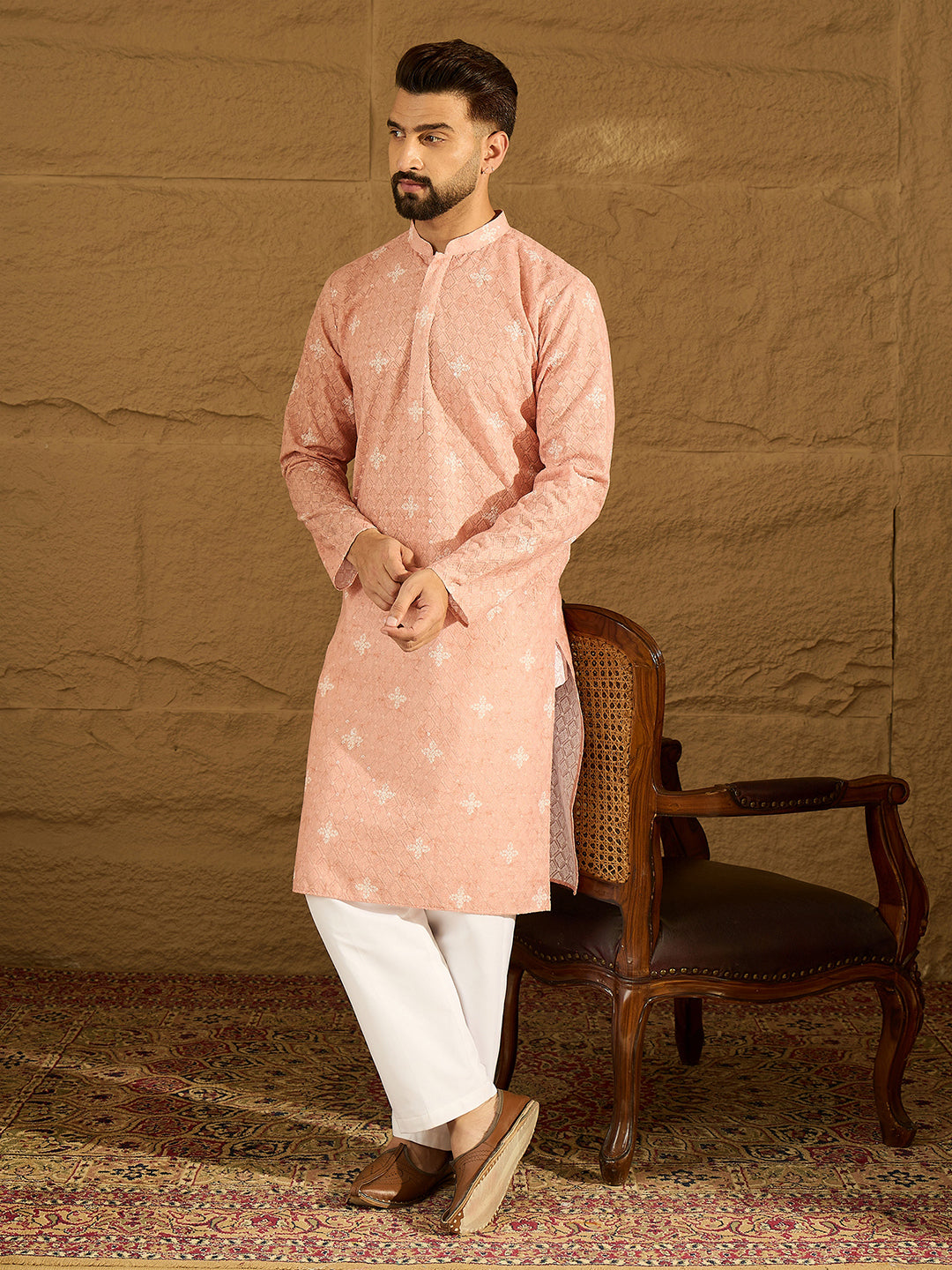 Ethnic Bay Men Peach Viscose Rayon Bandhani Embroidered Straight Kurta with Trouser-MKSET1587