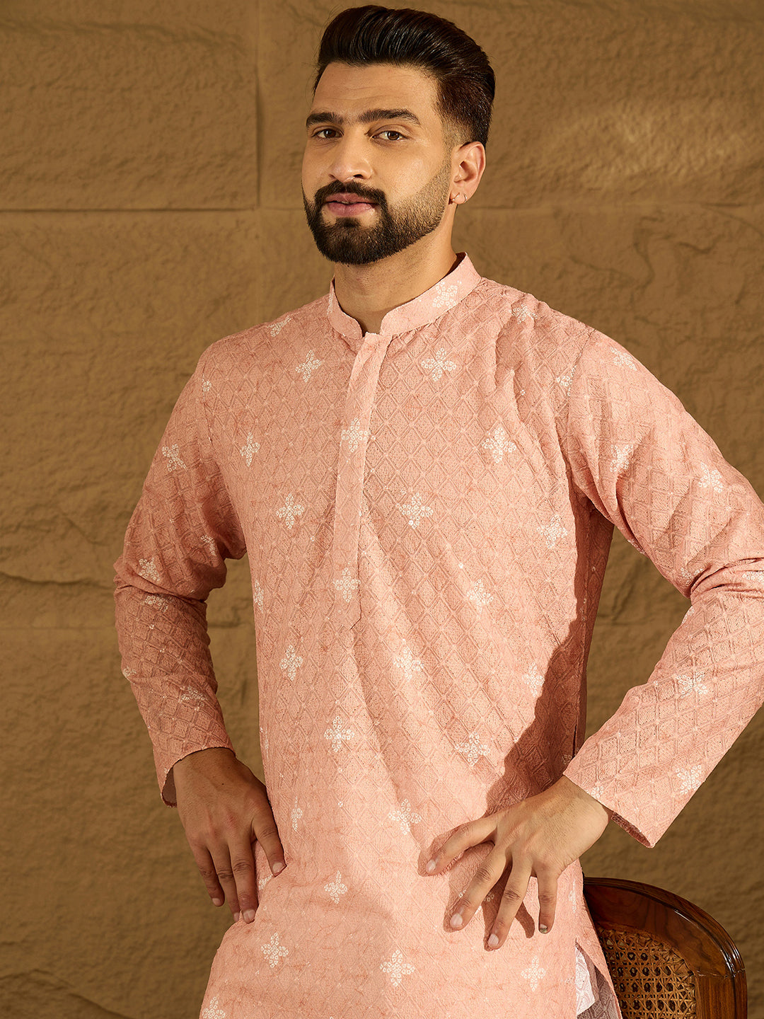 Ethnic Bay Men Peach Viscose Rayon Bandhani Embroidered Straight Kurta with Trouser-MKSET1587