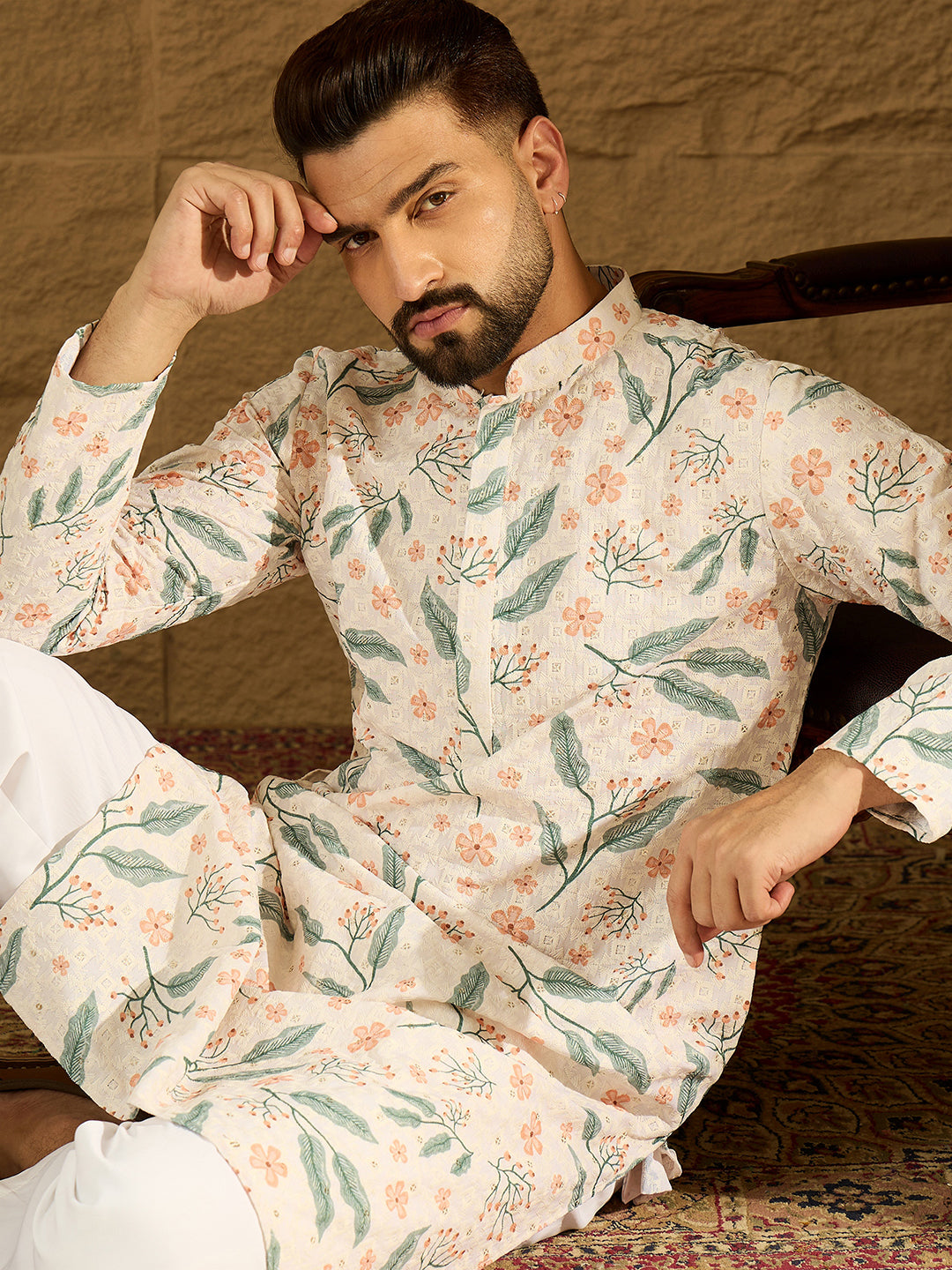 Ethnic Bay Men White Viscose Rayon Floral Embroidered Straight Kurta with Trouser-MKSET1597