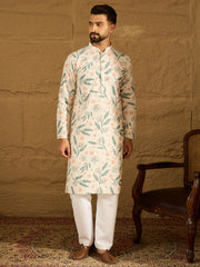 Ethnic Bay Men White Viscose Rayon Floral Embroidered Straight Kurta with Trouser-MKSET1597
