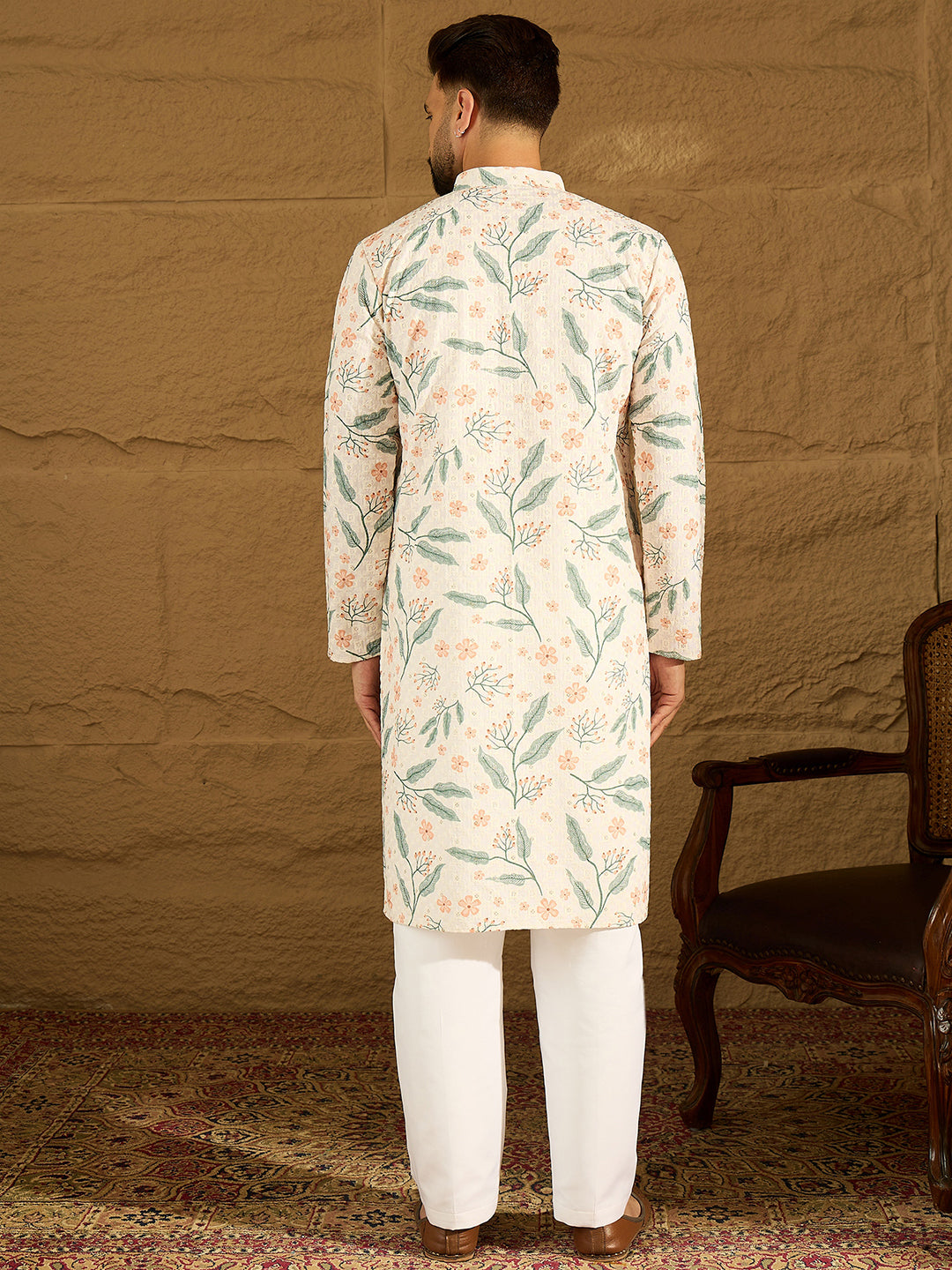 Ethnic Bay Men White Viscose Rayon Floral Embroidered Straight Kurta with Trouser-MKSET1597