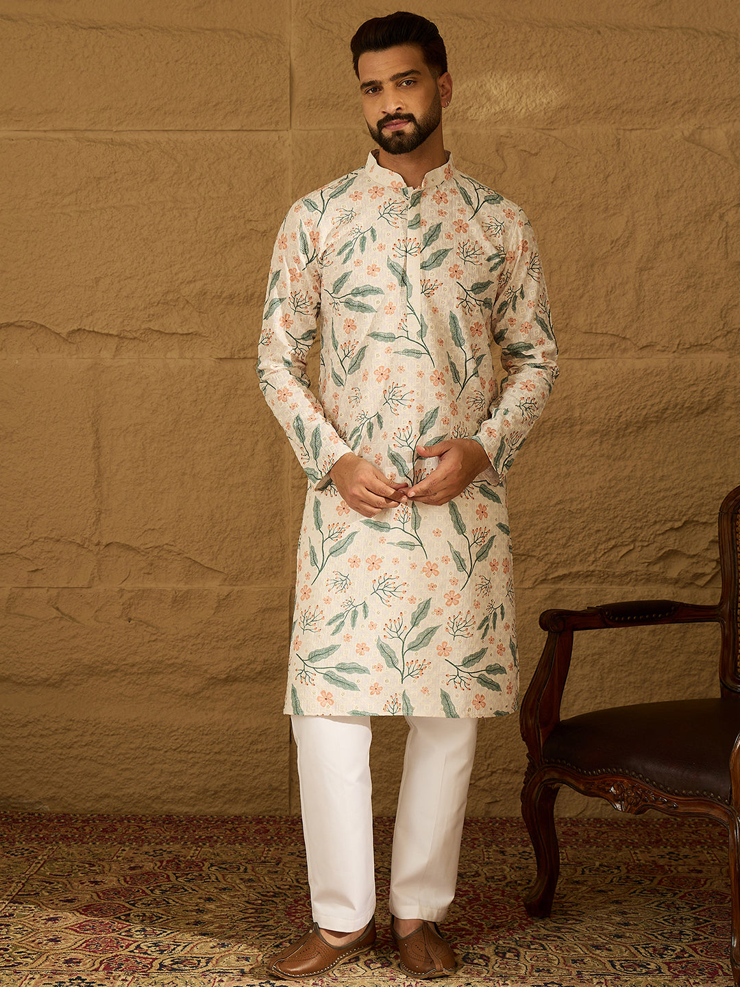 Ethnic Bay Men White Viscose Rayon Floral Embroidered Straight Kurta with Trouser-MKSET1597