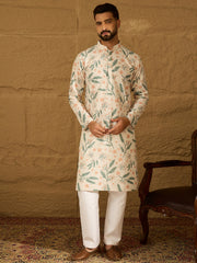 Ethnic Bay Men White Viscose Rayon Floral Embroidered Straight Kurta with Trouser-MKSET1597
