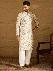 Ethnic Bay Men White Viscose Rayon Floral Embroidered Straight Kurta with Trouser-MKSET1597