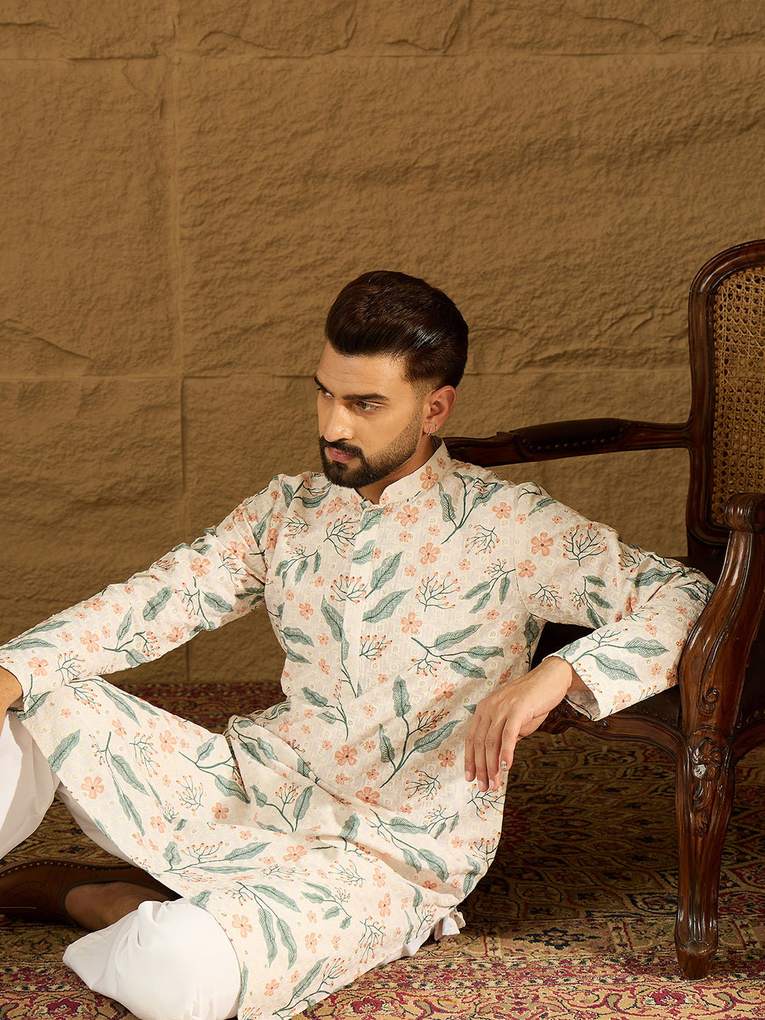 Ethnic Bay Men White Viscose Rayon Floral Embroidered Straight Kurta with Trouser-MKSET1597