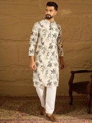 Ethnic Bay Men Off White Viscose Rayon Geometric Printed Straight Kurta with Trouser-MKSET1598