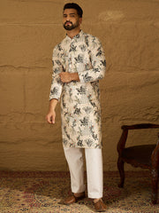 Ethnic Bay Men Off White Viscose Rayon Geometric Printed Straight Kurta with Trouser-MKSET1598