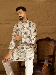 Ethnic Bay Men Off White Viscose Rayon Geometric Printed Straight Kurta with Trouser-MKSET1598