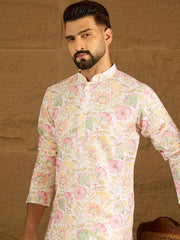 Ethnic Bay Men White Viscose Rayon Floral Embroidered Straight Kurta with Trouser-MKSET1599