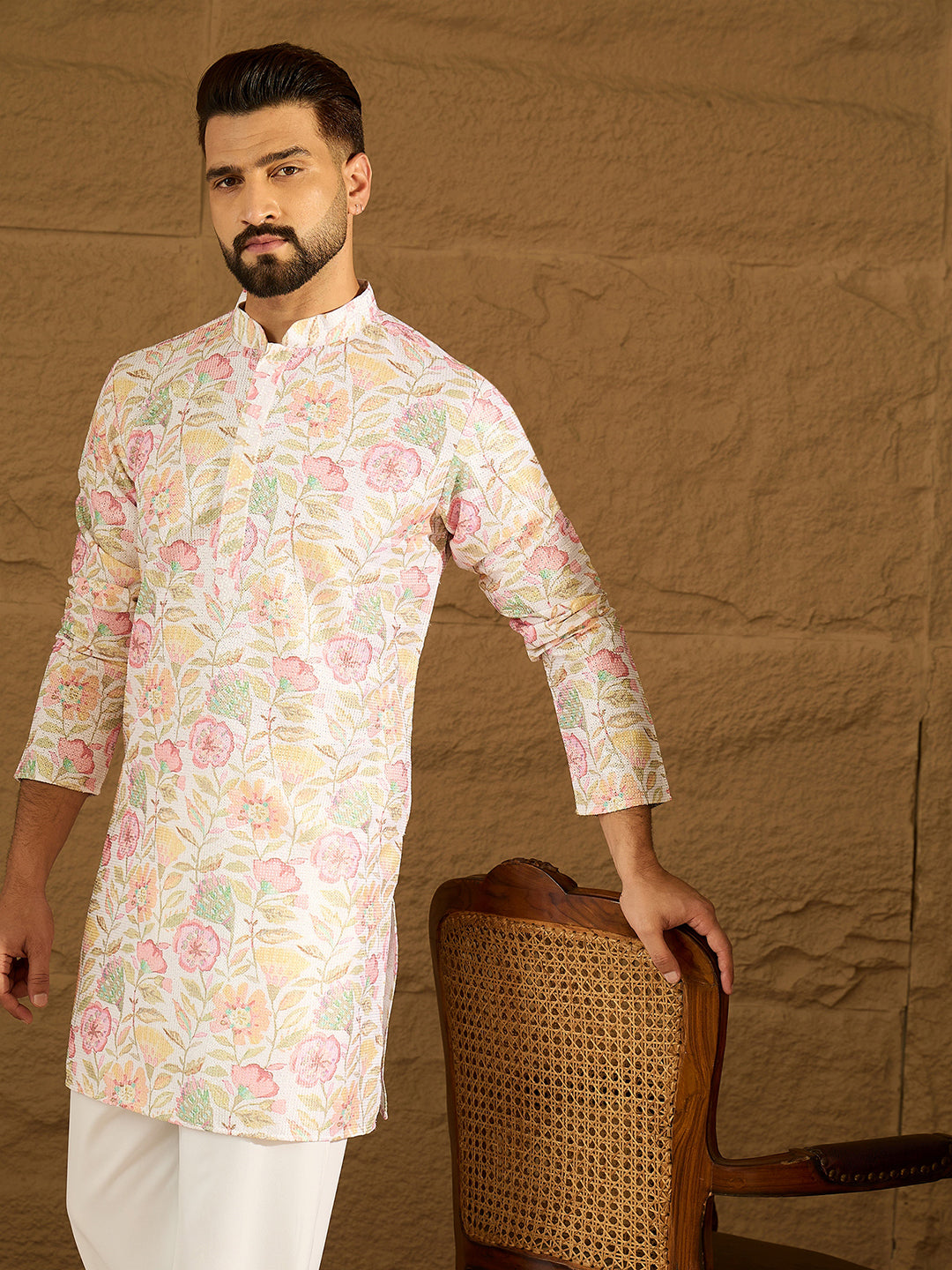 Ethnic Bay Men White Viscose Rayon Floral Embroidered Straight Kurta with Trouser-MKSET1599