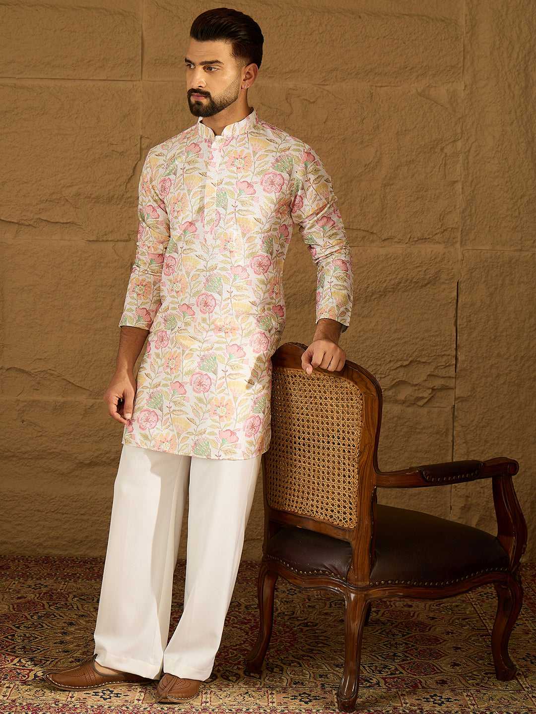 Ethnic Bay Men White Viscose Rayon Floral Embroidered Straight Kurta with Trouser-MKSET1599