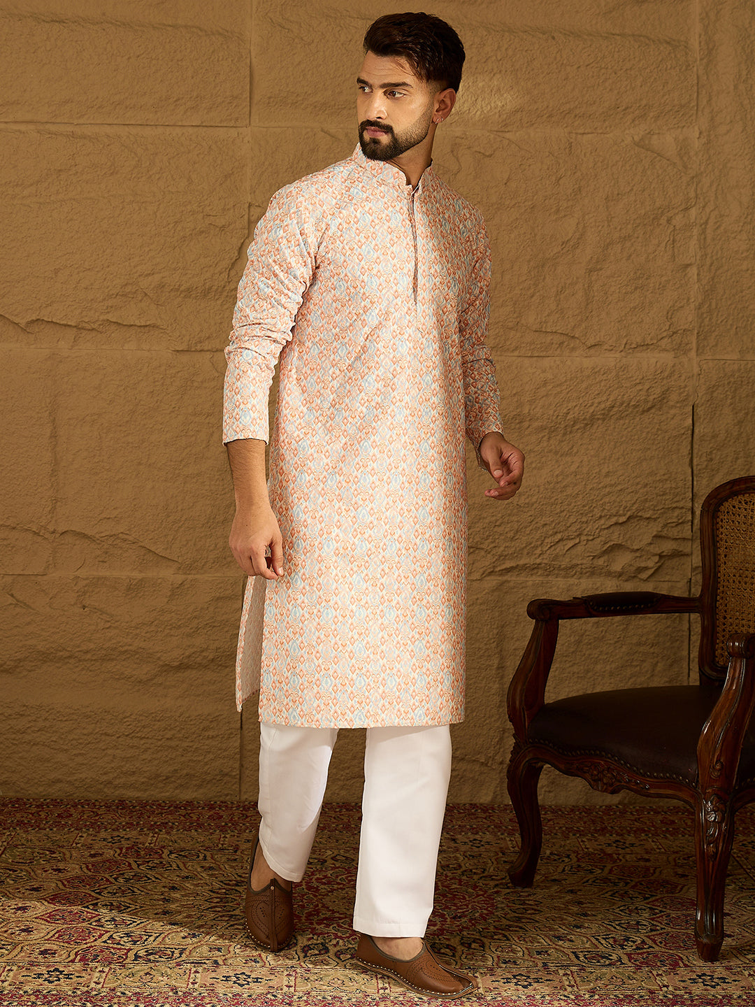 Ethnic Bay Men Orange Viscose Rayon Geometric Printed Straight Kurta with Trouser-MKSET1600