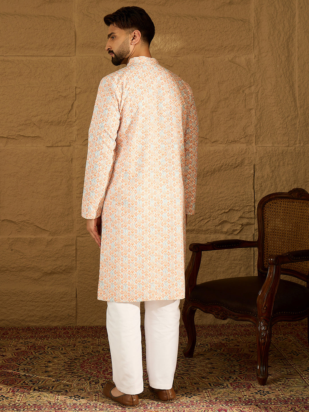 Ethnic Bay Men Orange Viscose Rayon Geometric Printed Straight Kurta with Trouser-MKSET1600