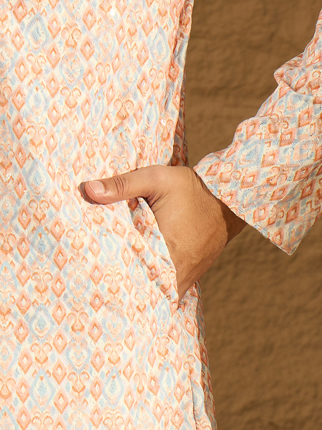 Ethnic Bay Men Orange Viscose Rayon Geometric Printed Straight Kurta with Trouser-MKSET1600