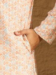 Ethnic Bay Men Orange Viscose Rayon Geometric Printed Straight Kurta with Trouser-MKSET1600