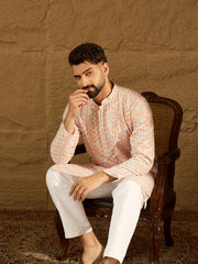Ethnic Bay Men Orange Viscose Rayon Geometric Printed Straight Kurta with Trouser-MKSET1600