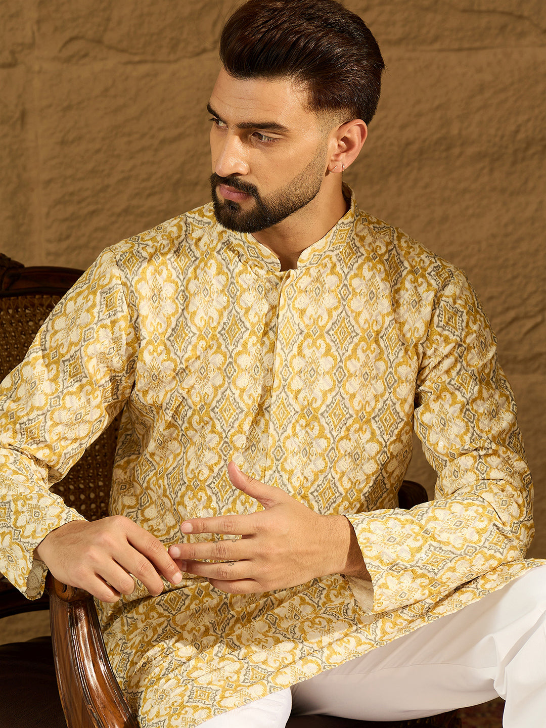 Ethnic Bay Men Yellow Viscose Rayon Geometric Printed Straight Kurta with Trouser-MKSET1601