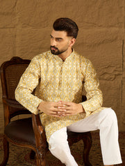 Ethnic Bay Men Yellow Viscose Rayon Geometric Printed Straight Kurta with Trouser-MKSET1601