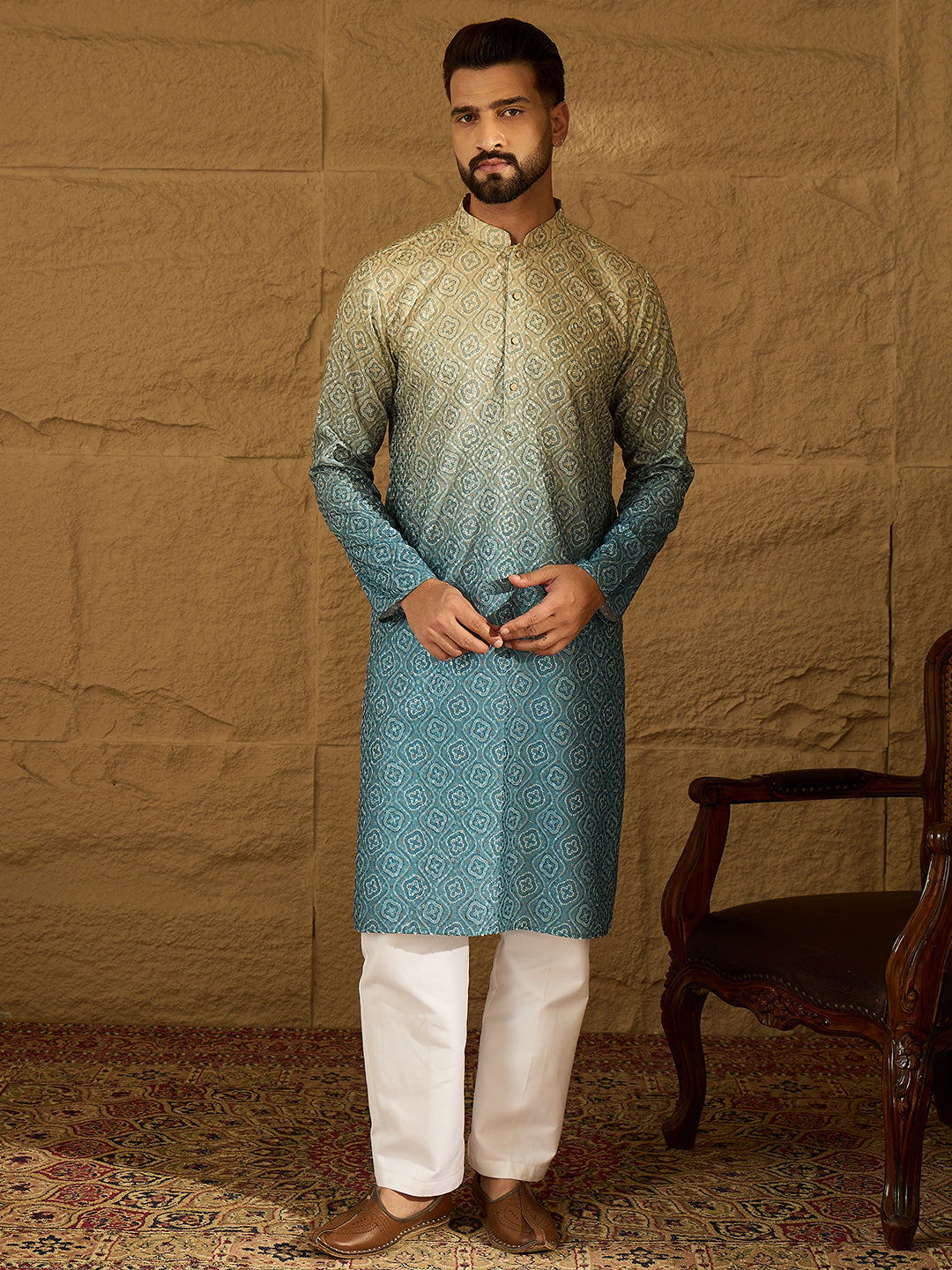Ethnic Bay Men Blue Cotton Bandhani Embroidered Straight Kurta with Trouser-MKSET1602