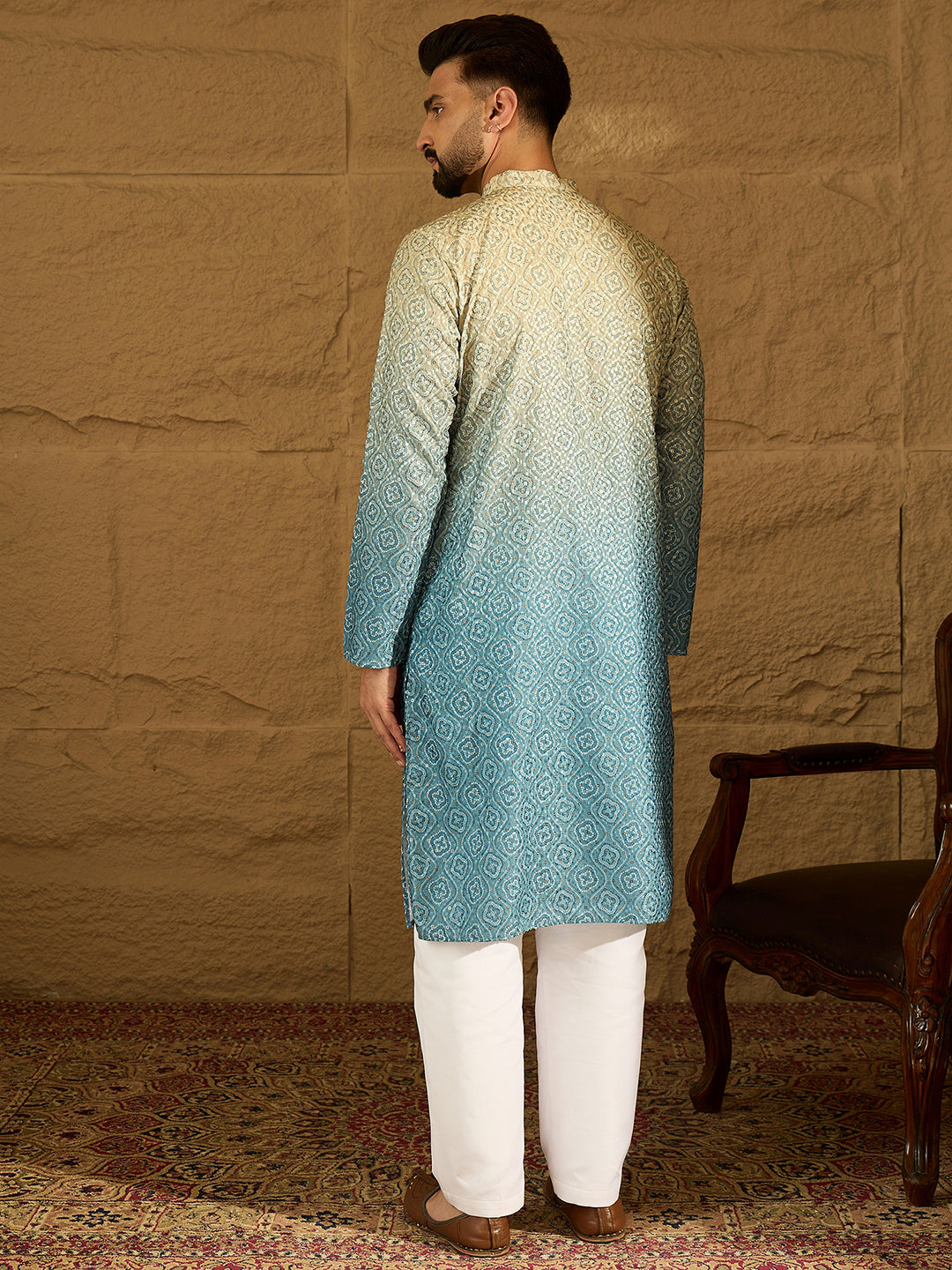 Ethnic Bay Men Blue Cotton Bandhani Embroidered Straight Kurta with Trouser-MKSET1602