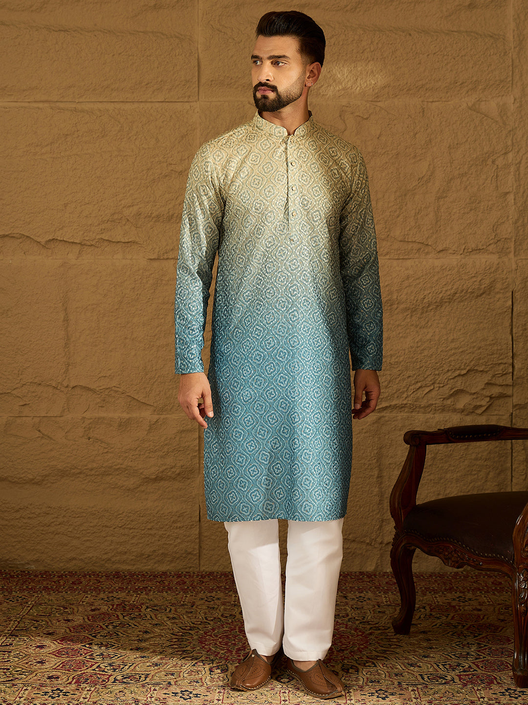 Ethnic Bay Men Blue Cotton Bandhani Embroidered Straight Kurta with Trouser-MKSET1602