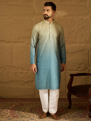 Ethnic Bay Men Blue Cotton Bandhani Embroidered Straight Kurta with Trouser-MKSET1602
