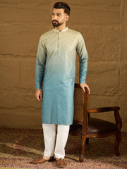Ethnic Bay Men Blue Cotton Bandhani Embroidered Straight Kurta with Trouser-MKSET1602