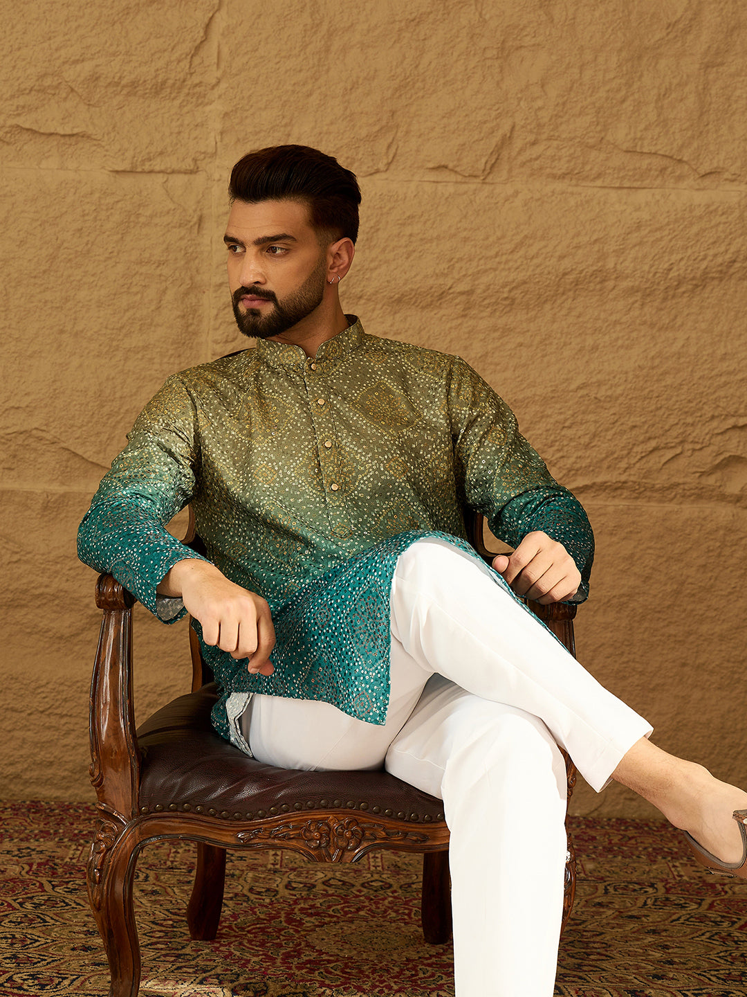 Ethnic Bay Men Green Cotton Bandhani Embroidered Straight Kurta with Trouser-MKSET1603
