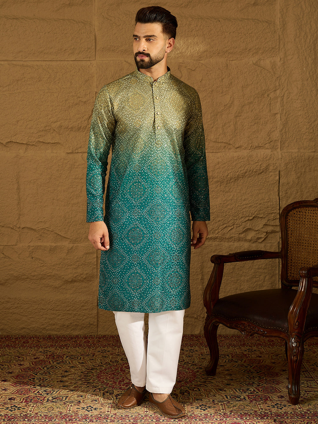 Ethnic Bay Men Green Cotton Bandhani Embroidered Straight Kurta with Trouser-MKSET1603