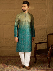 Ethnic Bay Men Green Cotton Bandhani Embroidered Straight Kurta with Trouser-MKSET1603
