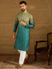 Ethnic Bay Men Green Cotton Bandhani Embroidered Straight Kurta with Trouser-MKSET1603