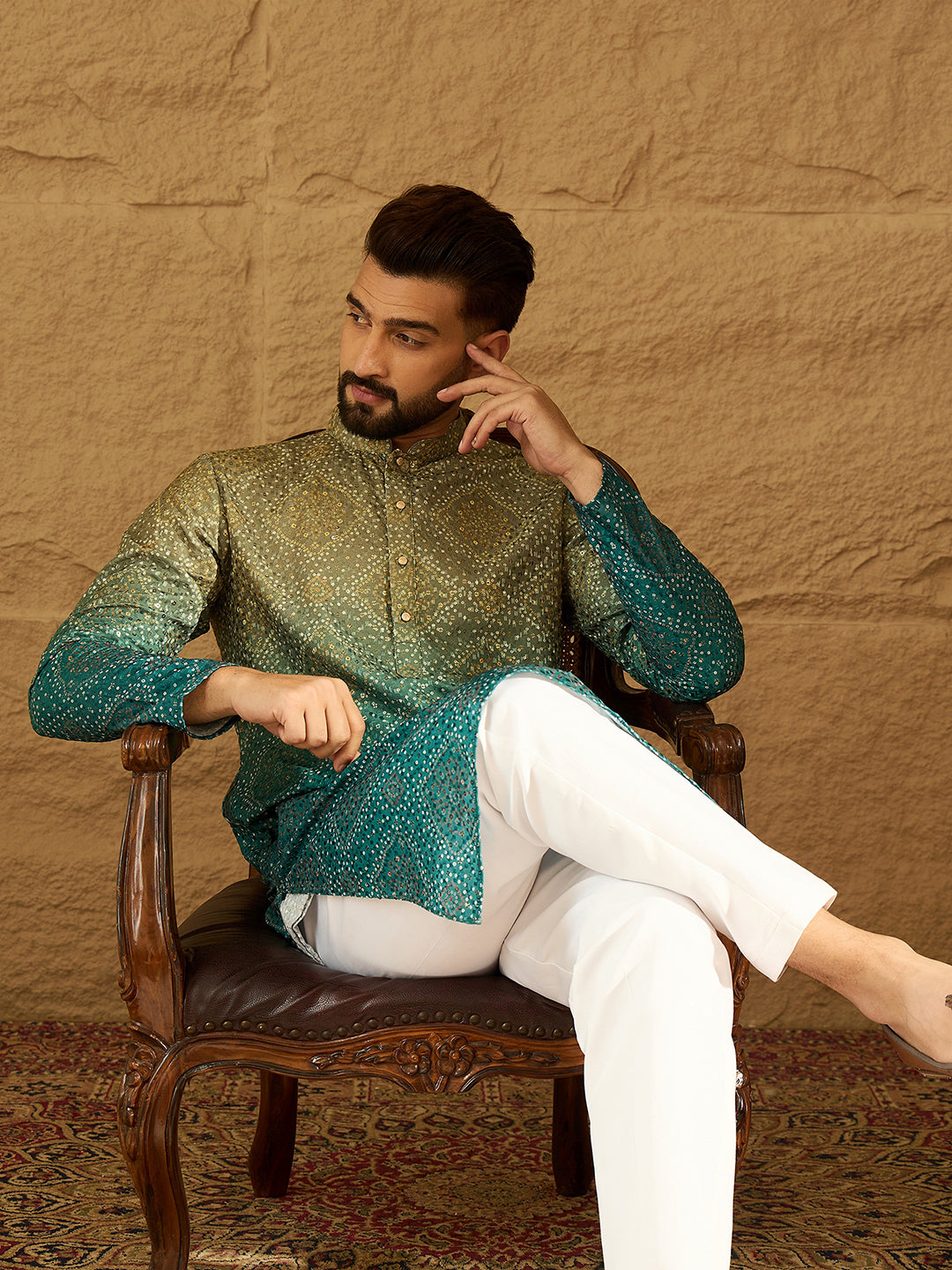 Ethnic Bay Men Green Cotton Bandhani Embroidered Straight Kurta with Trouser-MKSET1603