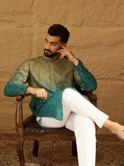 Ethnic Bay Men Green Cotton Bandhani Embroidered Straight Kurta with Trouser-MKSET1603