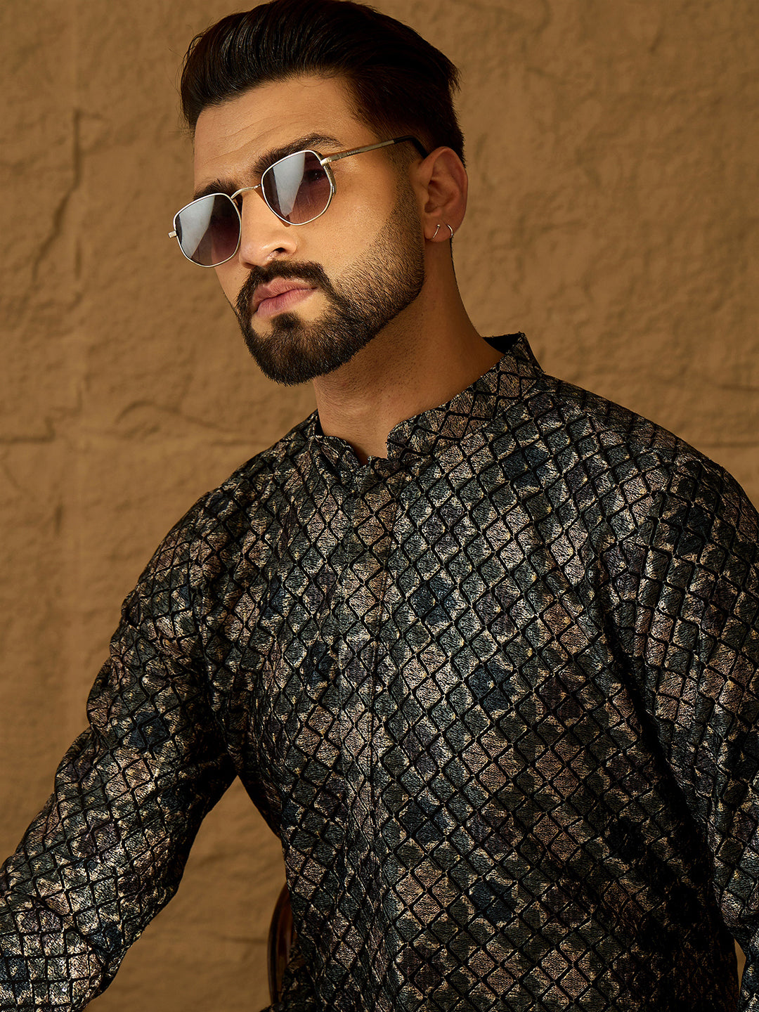 Ethnic Bay Men Black Viscose Rayon Geometric Printed Straight Kurta with Trouser-MKSET1606