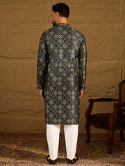 Ethnic Bay Men Black Viscose Rayon Geometric Printed Straight Kurta with Trouser-MKSET1606