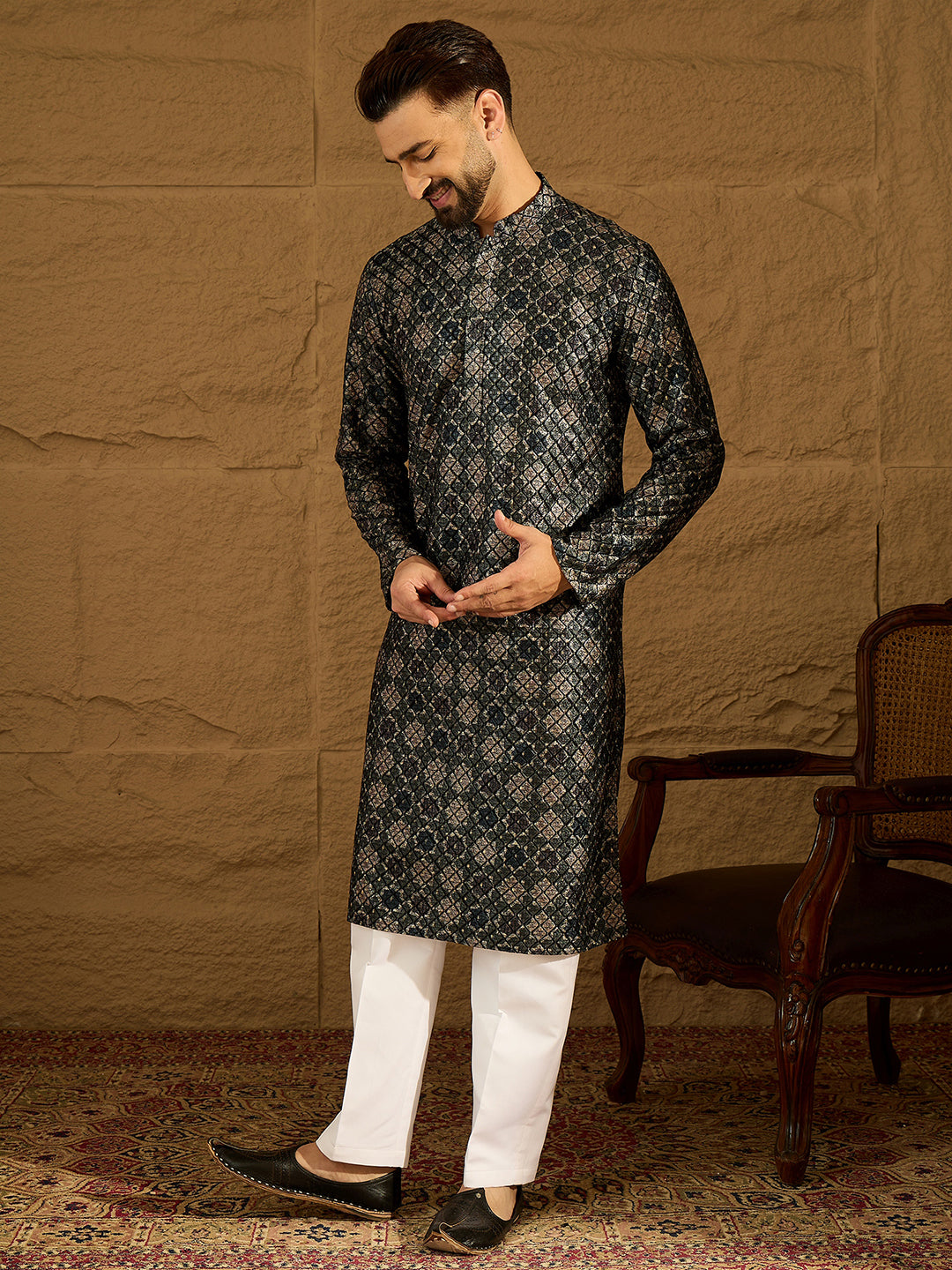 Ethnic Bay Men Black Viscose Rayon Geometric Printed Straight Kurta with Trouser-MKSET1606