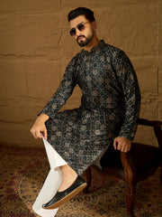 Ethnic Bay Men Black Viscose Rayon Geometric Printed Straight Kurta with Trouser-MKSET1606
