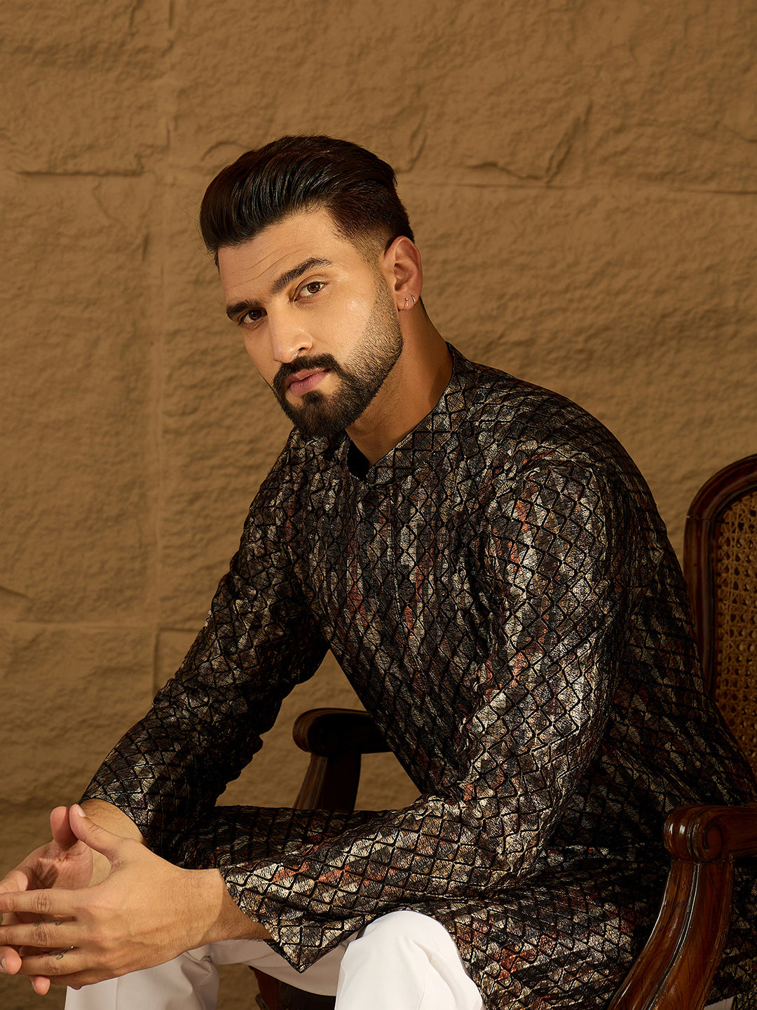 Ethnic Bay Men Black Viscose Rayon Striped Printed Straight Kurta with Trouser-MKSET1607