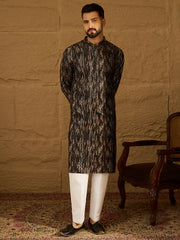 Ethnic Bay Men Black Viscose Rayon Striped Printed Straight Kurta with Trouser-MKSET1607