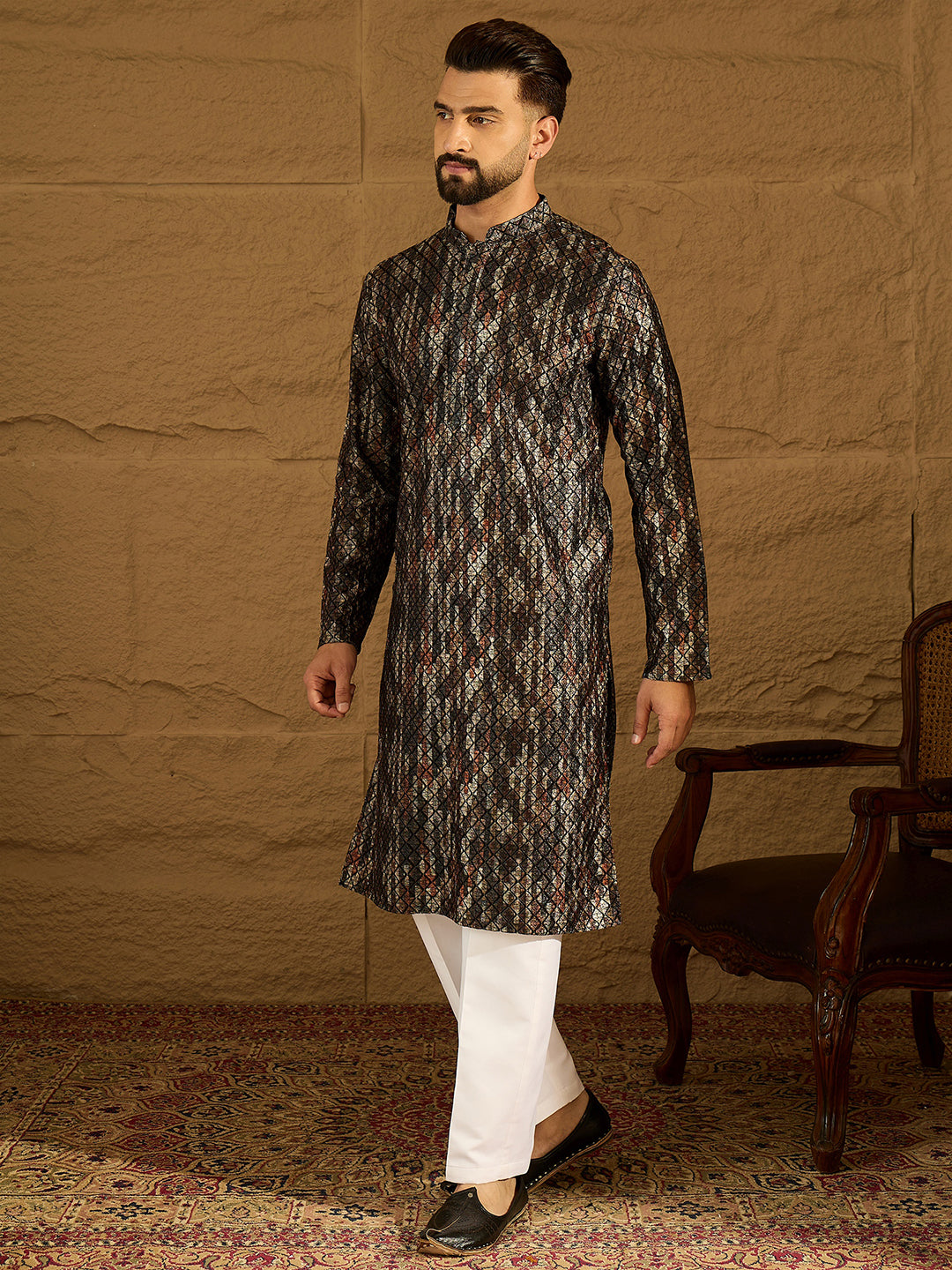 Ethnic Bay Men Black Viscose Rayon Striped Printed Straight Kurta with Trouser-MKSET1607